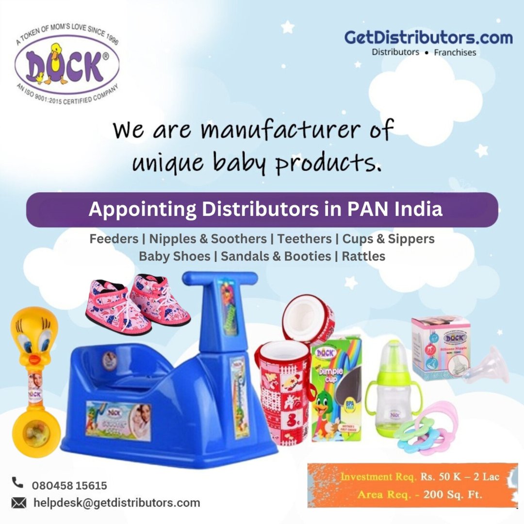 getdistributors's tweet image. Inviting #Distributors for unique baby products.
Brand 👉 #DUCK
Details 👉 getdistributors.com/tiny/qXz0WoSTx9

★Investment : ₹ 50 K - 2 Lac
★Excellent ROI and high profit margin
★Association with a reputed brand
✓Hurry to take #Distributorship !

#WecareSolutions #BabyProducts #Dealers