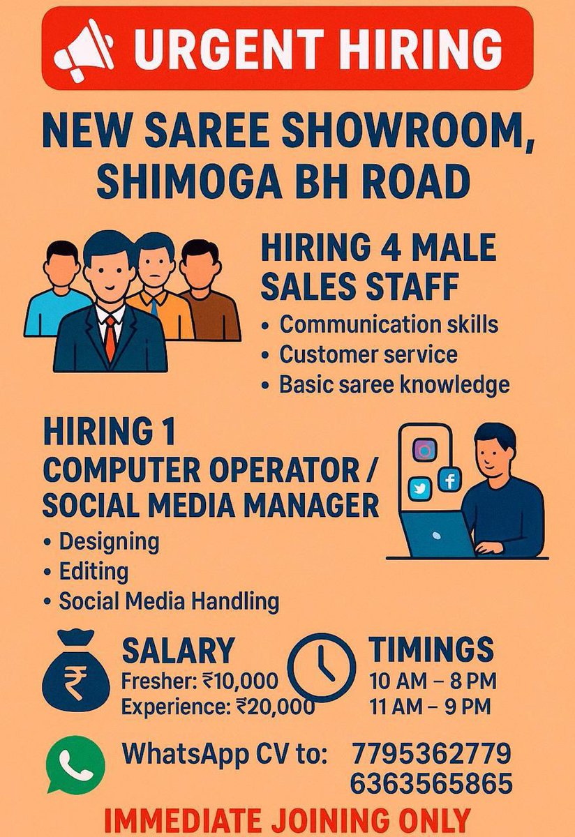 Urgent hiring for saree showroom on Shimoga BH Road. Hiring 4 male sales staff (communication, customer service, saree knowledge) 1 computer operator/social media manager (designing, editing, handling) Salary: ₹10k–₹20k. Timings: 10 AM–8 PM / 11 AM–9 PM. WhatsApp CV: 7795362779