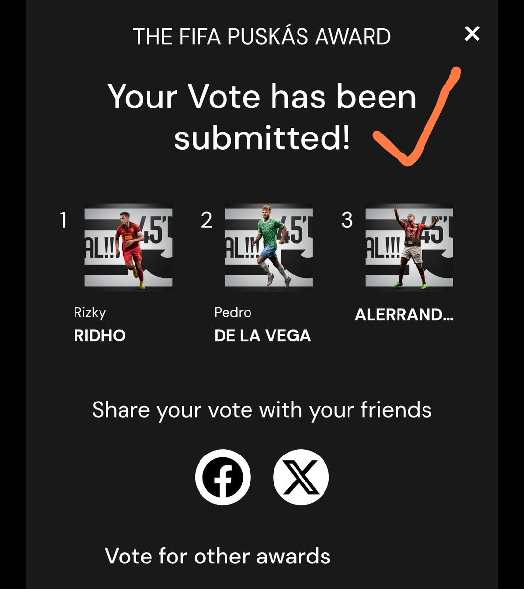 🚨 REMINDER : Voting pemilihan pemenang Puskas Award 2025 akan ditutup besok, 4 Desember pukul 05.59 WIB.

Yok lah yang belum, vote disini :
fifa.com/the-best-fifa-…

*FIFA TIDAK PERNAH mengungkap hasil voting sementara Puskas Award.