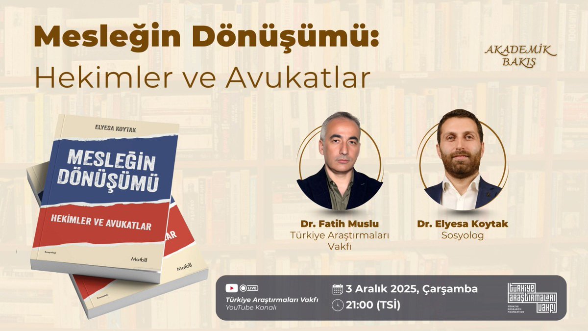 AKADEMİK BAKIŞ | Mesleğin Dönüşümü: Hekimler ve Avukatlar

🔎 Bu akşam uzman konuğumuz ile birlikte, hekimlerin ve avukatların yaşadığı statü kaybını ve mesleğin 'işçileşme' sürecini, sahadan veriler ve sosyolojik bir perspektiften ele alıyoruz.

👥 Moderatör &amp; Konuk:

🎙️ Dr.