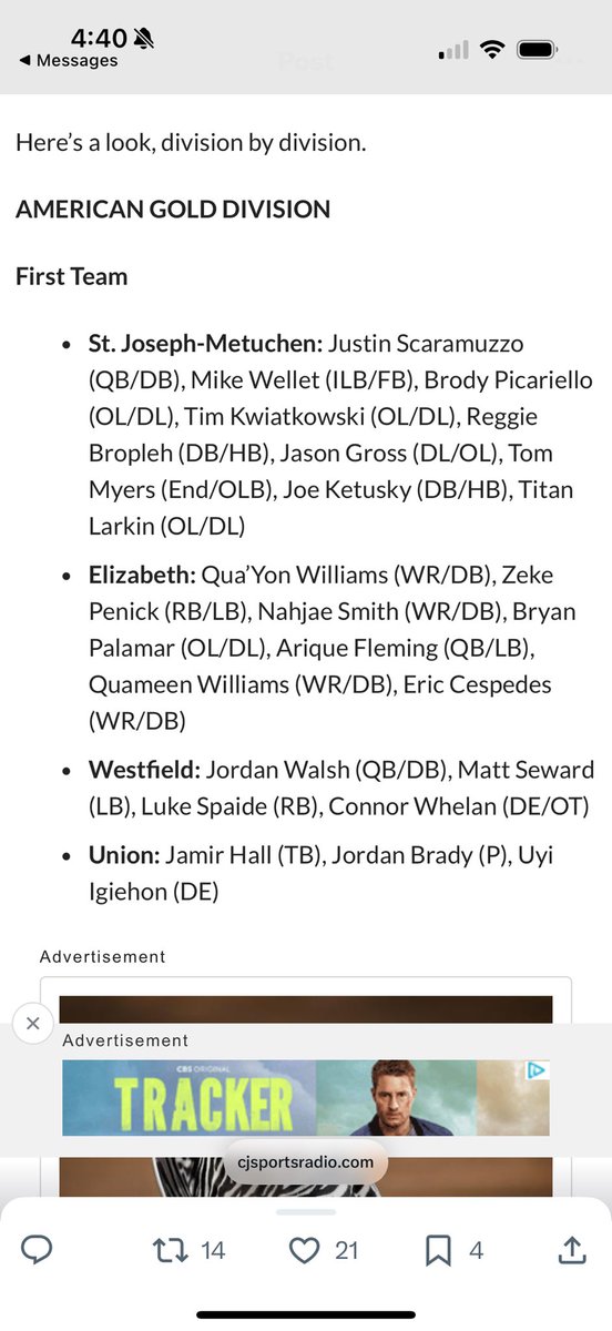 Thank you for the 1st team Big Central honors &amp; congratulations to my teammates.  <a href="/StJosephFB/">St. Joseph Football</a> <a href="/_CoachHarding/">Coach Liam Harding</a> <a href="/BTCoacher/">Bill Tracy</a> <a href="/lirqbcoach18/">Jeffrey Morton</a> <a href="/CJSportsRadio/">Central Jersey Sports Radio</a> <a href="/IamcoacHHeav/">Jason Henshaw</a> <a href="/TeamGetBodied/">Coach Cedric Brown</a> <a href="/damehova9/">Damon Simmons</a> <a href="/mfarrellsports/">Mike Farrell</a> <a href="/justin_gosselin/">Justin Gosselin</a> <a href="/ScoutNickP/">Coach Nick Pennisi</a> <a href="/DebraWellet/">Debra Wellet</a>