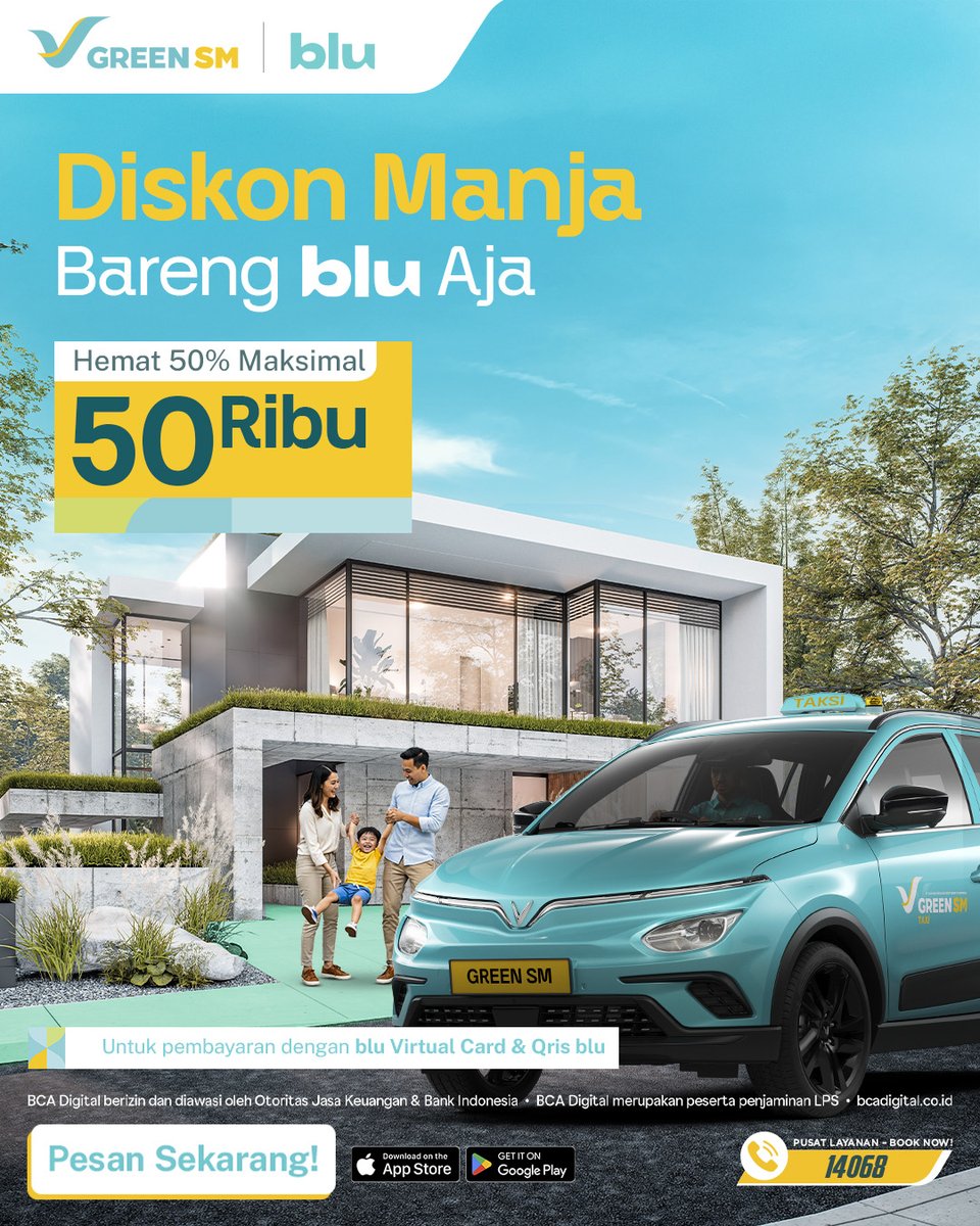 GreenSM_Indo's tweet image. Tanggal muda atau akhir bulan, jalan tetap nyaman bareng Green SM. Pake blu biar berasa terus hematnya. Diskon 50% sampai Rp50.000 untuk minimal transaksi Rp50.000 dengan blu Debit Card atau Garuda blu Debit Card.

Syarat dan Ketentuan:
⦁ Nikmati perjalanan bersama Green SM…