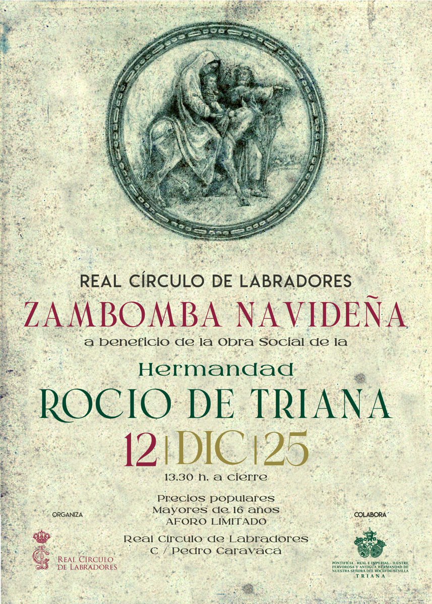 ZAMBOMBA NAVIDEÑA
12 de diciembre 
13:30h
Real Círculo de Labradores, (Pedro Caravaca 1)

Venta de entradas:
4 de diciembre
 Secretaría de la Hermandad, en horario de 10h a 13:30h y de 18h a 20h.
Solo se venderán a Hermanos, de forma presencial, máximo de 5 entradas por hermano.