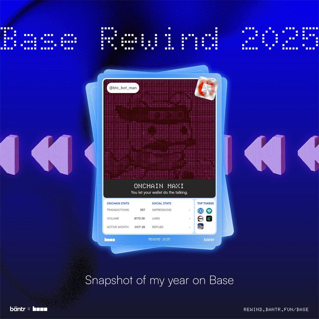 btc_bot_man's tweet photo. Just checked my Base Rewind 2025 by @bantr_fun!
It’s a full recap of my year on @Base.

If you want to see your own onchain + social stats from 2025, go to: https://t.co/RJpUQlPu3u https://t.co/DoAOnIOq2Z