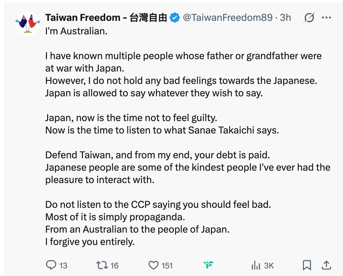 OopsGuess's tweet photo. It’s always touching when former empires forgive each other, for the crimes they committed against everyone else.

Australia, whose nationhood sits on the mass dispossession of Aboriginal people, and Japan, whose empire left graves across Asia, comforting each other about “guilt” is not compassion, it’s amnesia performing as virtue.

A country built on a frontier genocide telling another country responsible for Nanjing, Manila, and Unit 731, “I forgive you,” is less reconciliation and more an empire-to-empire absolution ritual.

And notice who is conveniently excluded:
Chinese, the Koreans, Pacific Islanders, Southeast Asians... the people who actually carried the body counts.

When perpetrators forgive perpetrators, it’s never justice.
It’s just history washing itself clean in the same basin.

From the perspective of victims, your “forgiveness” was never yours to give.