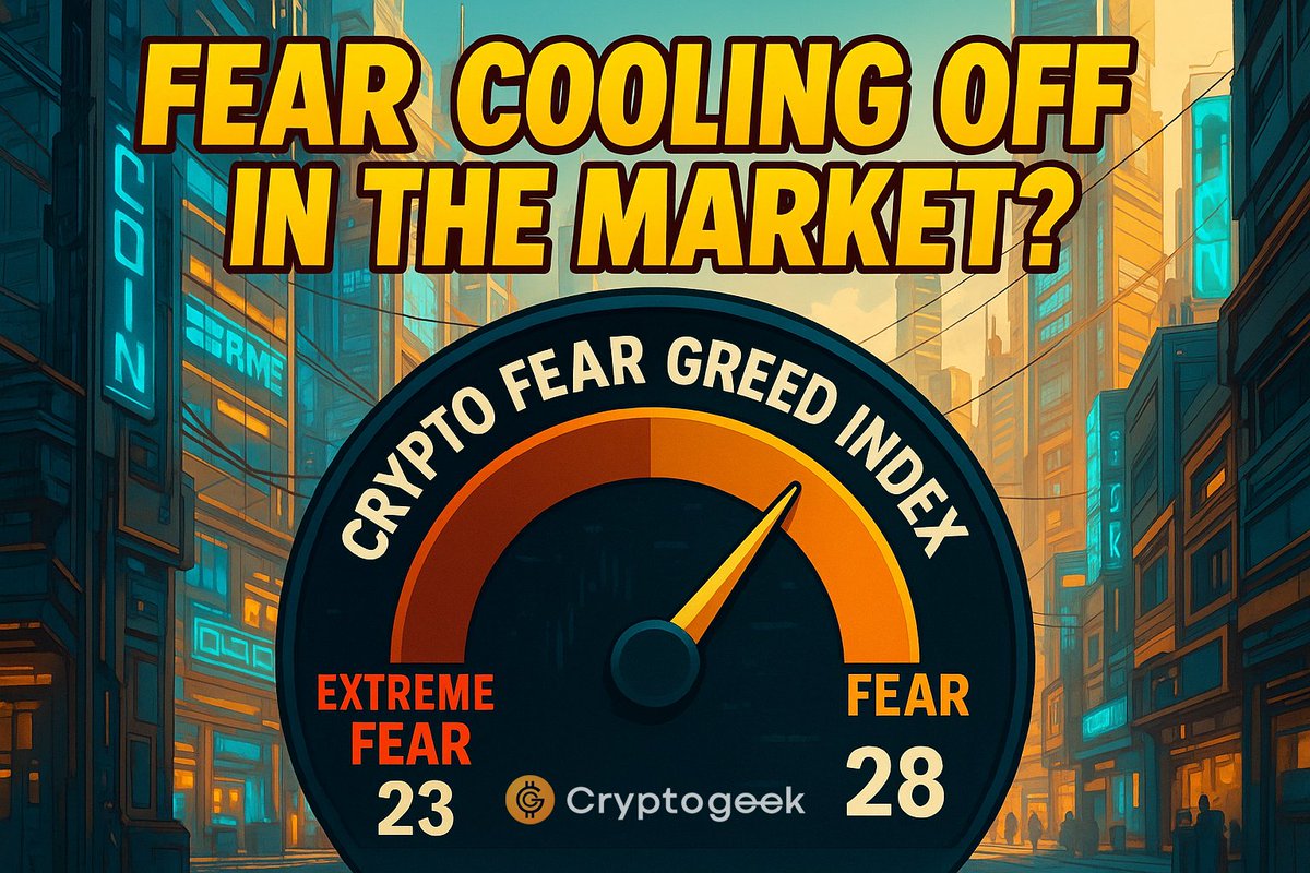 the_Cryptogeek's tweet image. 😱 Fear cooling off in the market?

Crypto Fear &amp;amp; Greed Index just climbed from 23 (Extreme Fear) to 28 (Fear) — sentiment slowly waking up while prices still look sleepy. Is $BTC about to make a sneaky move or just another head fake? 🤔

#FearAndGreed #MarketSentiment #BTCWatch