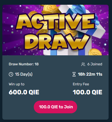 qieblockchain's tweet photo. The QIE Lottery Active Draw (No. 18) is officially open! 💫

With a 600 QIE prize pool and only 100 QIE entry, this is your moment to jump in and win big.

⏳ 18h 22m remaining — join before it closes!

Fully automated draw - no manual picking! 

Play now & test your luck! ✨

#QIELottery #WinQIE #BlockchainGaming