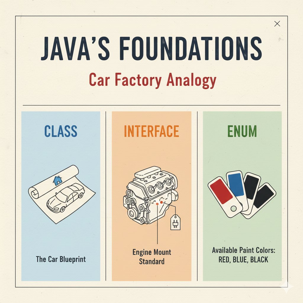 Saquib0509's tweet image. Java mainly uses three core components:

Class → blueprint for objects
Interface → rules a class must follow
Enum → fixed set of constants

These three form the basic foundation of Java coding.

Read complete thread to understand with simple car example⬇️