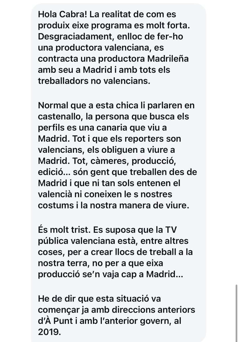 El programa Valencians al Món el du una empresa de Madrid que ni coneix els valencians, ni parla la nostra llengua, ni entén el nostre context.
En lloc de donar faena a productores valencianes i reforçar la indústria audiovisual del país, À Punt torna a mirar cap a Madrid.