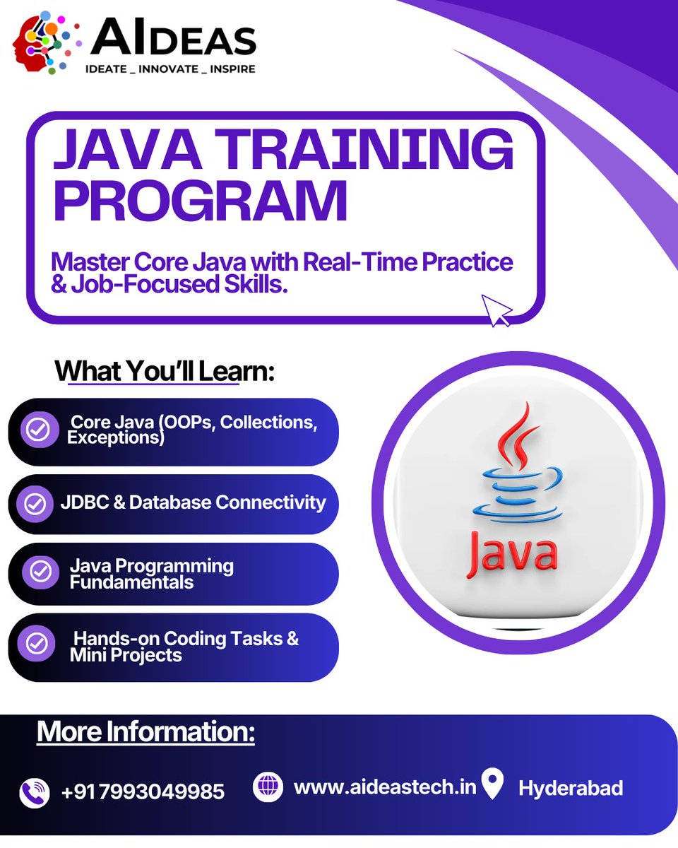 Aideasacademy's tweet image. Become a Job-Ready Java Developer!
Kickstart your IT career with the most essential programming skill — Core Java. At AIdeas Academy, Hyderabad.
📞 Call/WhatsApp: +91 7993049985 
📍 Hyderabad 
#JavaTraining #CoreJava #UpskillNow #AideasAcademy #TrendingSkills #ITJobs #CodingLife