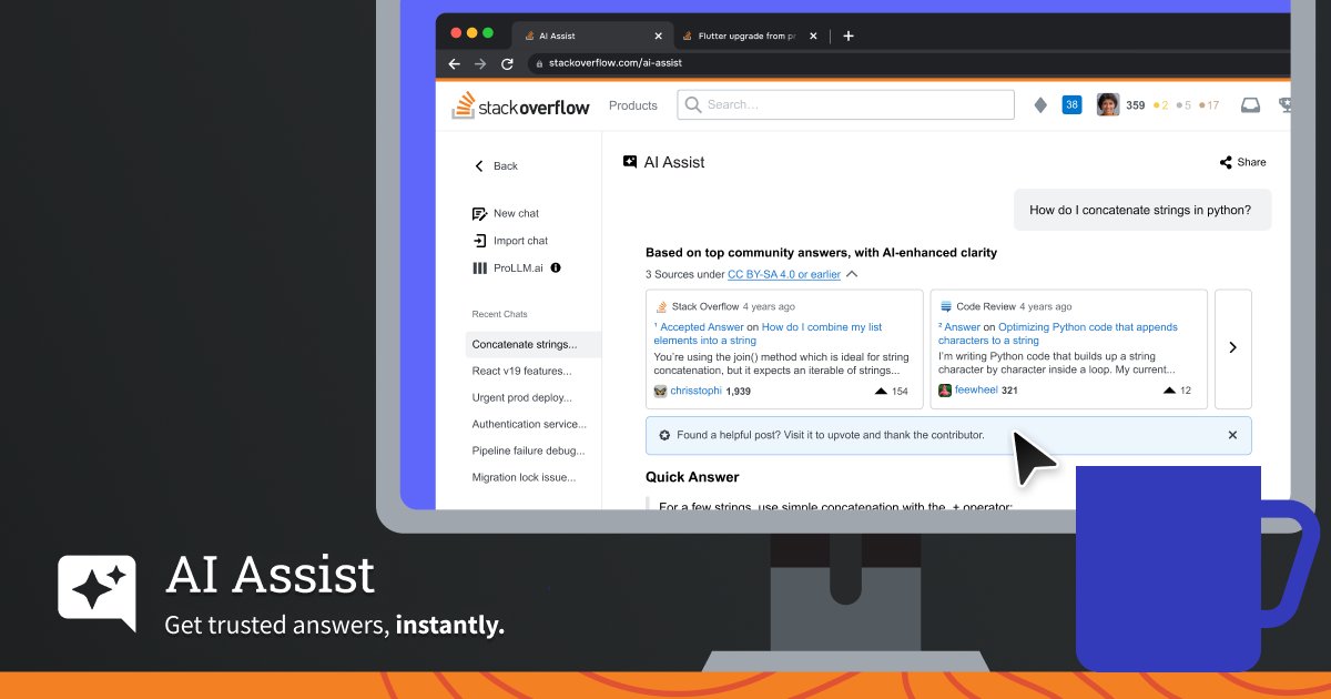 StackOverflow's tweet image. Gone are the days of developers digging through endless search results to find answers. In the age of AI, learning and discovering new knowledge is now faster than ever. That&apos;s why we&apos;re introducing you to AI Assist, a powerful combination of Stack Overflow&apos;s 18 years of expert…