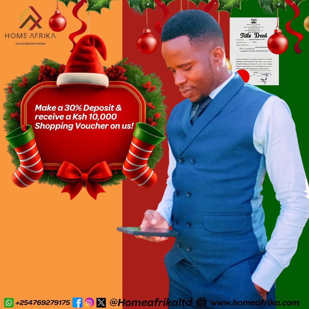 On every plot you get to buy this month, you secure a Ksh 10,000 Gift voucher to close the year in a big way. 
Make haste while the offers last. 
#land 
#investmentopportunity 
#landownershipjourney 

+254769279175 - homeafrika.com