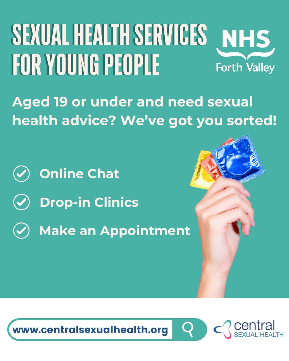 NHSForthValley's tweet image. Our dedicated Young People's Sexual Health Service is here for anyone aged 19 and under living in the Forth Valley area for FREE and confidential sexual health information and advice including:

🔹STI testing and treatment
🔹Contraception
🔹Condoms

Visit centralsexualhealth.org/.../young-peop…