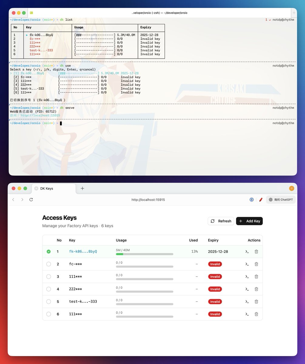 geekbb's tweet image. Oroio 是一介轻量级 CLI，用于管理 Factory Droid API 密钥，支持自动轮换。

可以将多个 Factory Droid API 密钥集中管理，跟踪每个密钥的使用限制和到期日期。当一个密钥用尽时，系统会自动切换到下一个可用的密钥，从而确保用户的工作流程不会中断。

github.com/notdp/oroio
