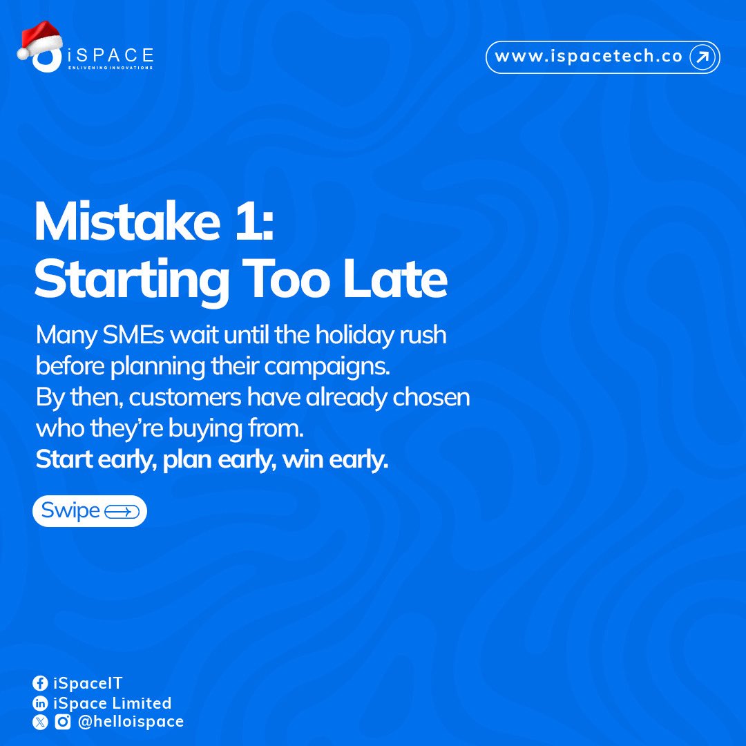 helloispace's tweet image. Holiday season is a massive opportunity for SMEs but many still lose sales because of avoidable mistakes.

⬇️ Scroll through to discover more.

Ready for better results this season? 📩Send us a DM to book a session

#digitalmarketing #iSpace #businesssuccess #marketing #christmas