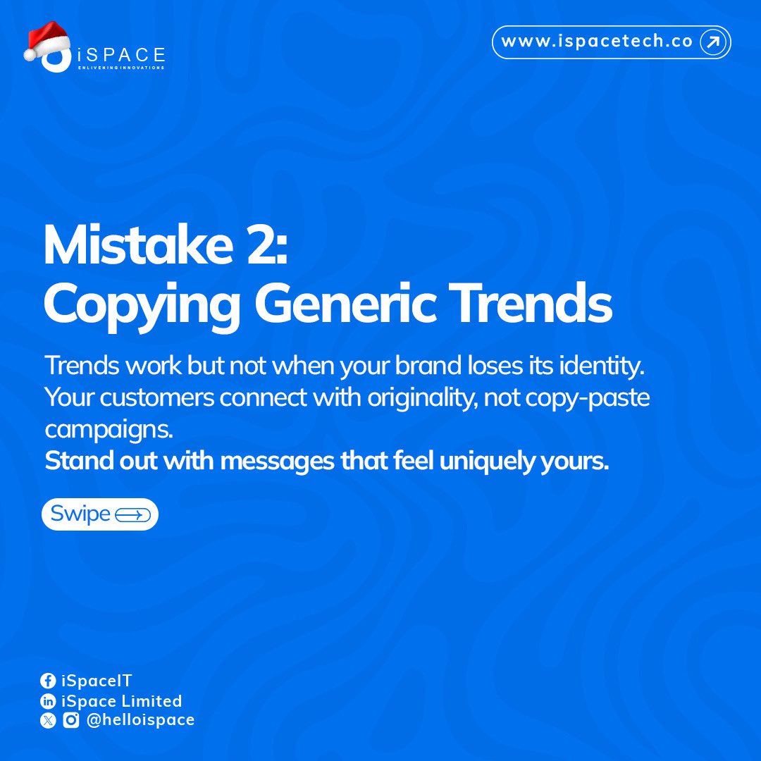 helloispace's tweet image. Holiday season is a massive opportunity for SMEs but many still lose sales because of avoidable mistakes.

⬇️ Scroll through to discover more.

Ready for better results this season? 📩Send us a DM to book a session

#digitalmarketing #iSpace #businesssuccess #marketing #christmas