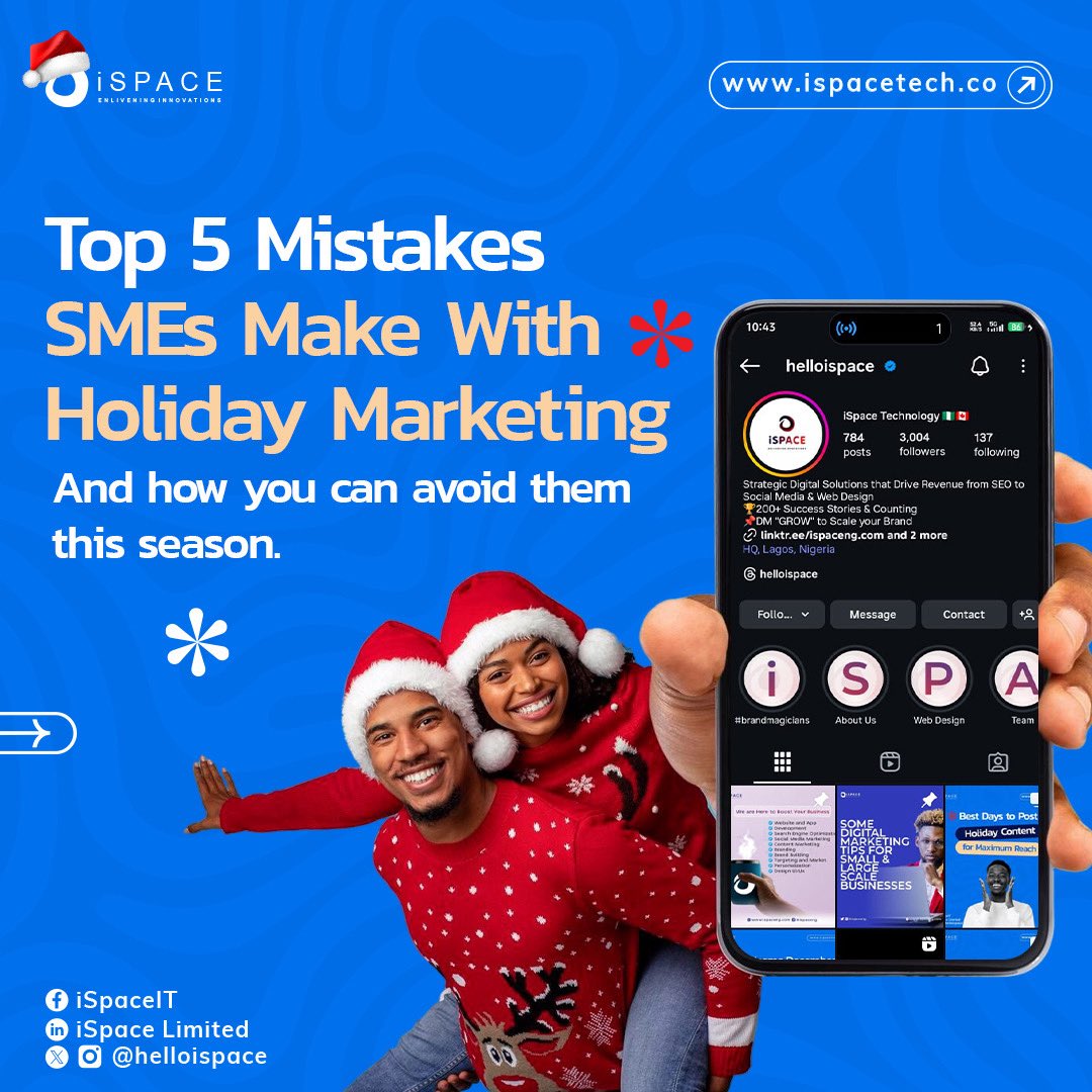 helloispace's tweet image. Holiday season is a massive opportunity for SMEs but many still lose sales because of avoidable mistakes.

⬇️ Scroll through to discover more.

Ready for better results this season? 📩Send us a DM to book a session

#digitalmarketing #iSpace #businesssuccess #marketing #christmas
