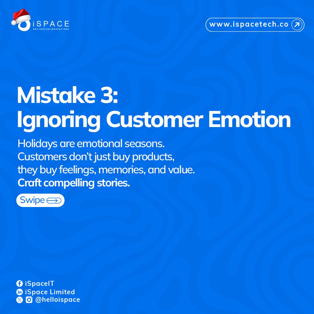 helloispace's tweet image. Holiday season is a massive opportunity for SMEs but many still lose sales because of avoidable mistakes.

⬇️ Scroll through to discover more.

Ready for better results this season? 📩Send us a DM to book a session

#digitalmarketing #iSpace #businesssuccess #marketing #christmas