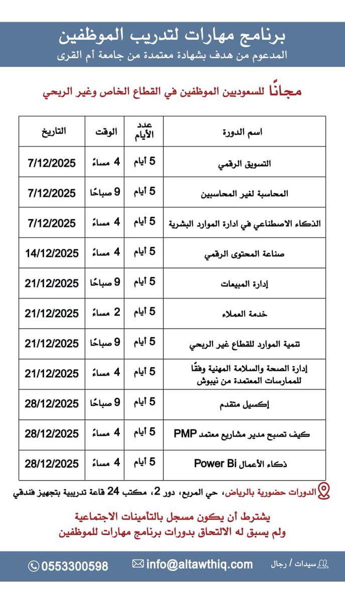 مو كل اللي ينقصك ترقية… أحيانًا اللي ينقصك مهارة وحدة تغيّر كل مستقبلك الوظيفي
ودك تغيّر مسارك المهني… القرار يبدأ من هنا
🔗 سجّل الآن قبل اكتمال المقاعد
#دورات #دورات_مجانية 
wa.me/966553300598