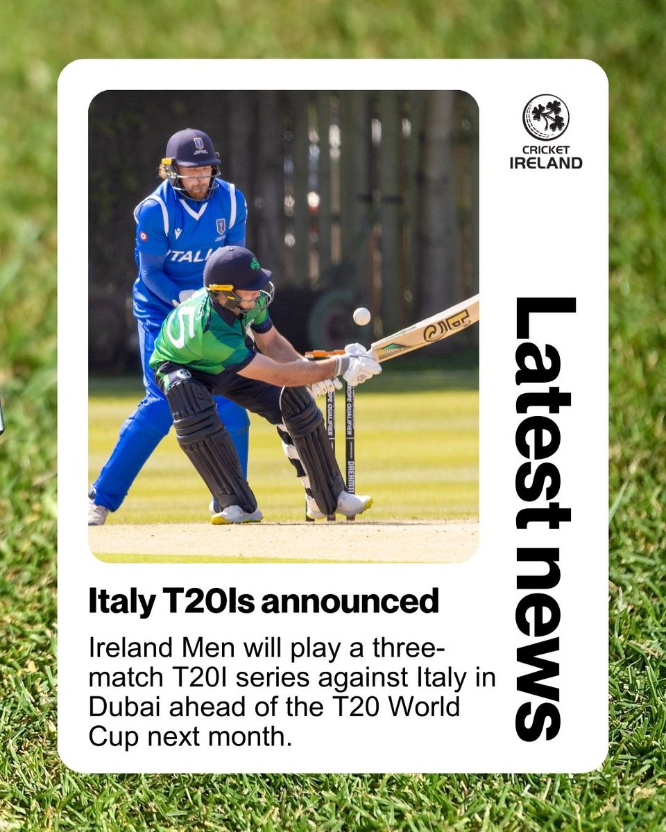 cricketireland's tweet image. ℭ𝔦𝔞𝔬, ℑ𝔱𝔞𝔩𝔦𝔞!

Ireland Men will face Italy Men in a three-match T20I series ahead of next year's @T20WorldCup.

Read more: bit.ly/4iT4SnT

#BackingGreen #FailteSolar  ☘️🏏