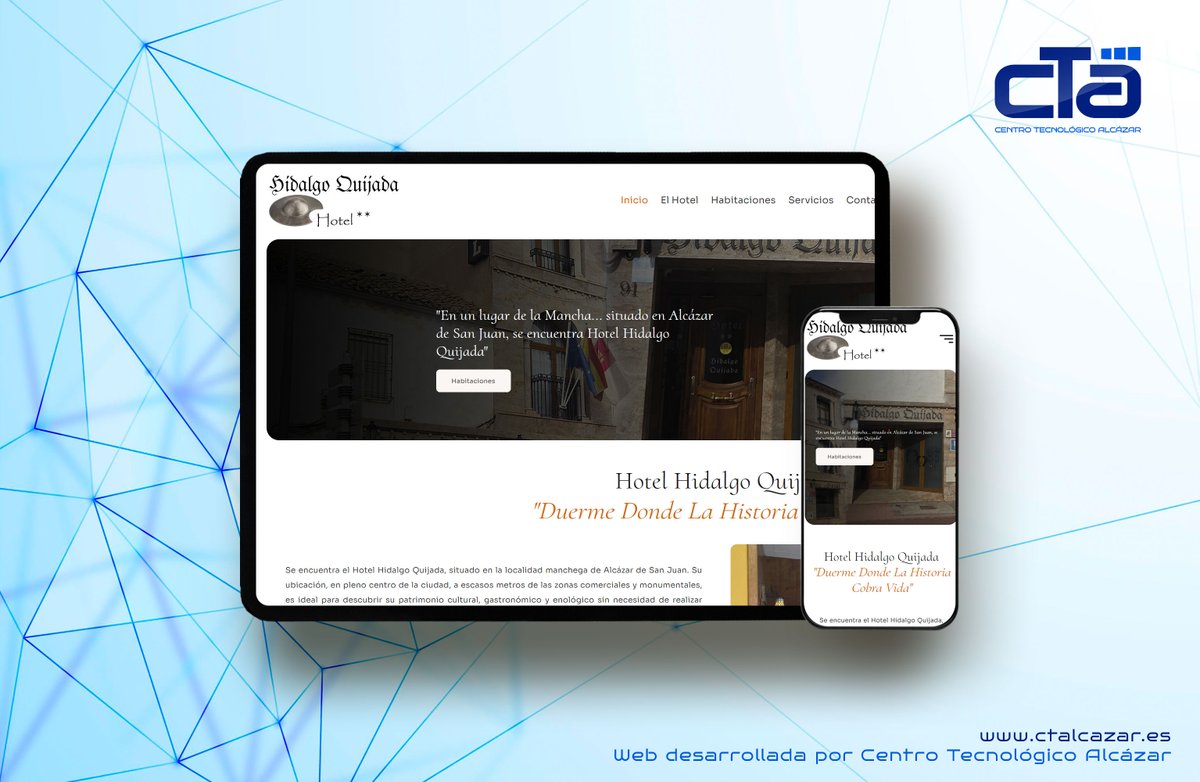 ctalcazar's tweet photo. Nuevo desarrollo Web personalizado para el Hotel Hidalgo Quijada de Alcázar de San Juan. "Duerme donde la historia cobra vida". Pueden ver el trabajo en https://t.co/9syC5MLnvj https://t.co/oG252Bdrjq