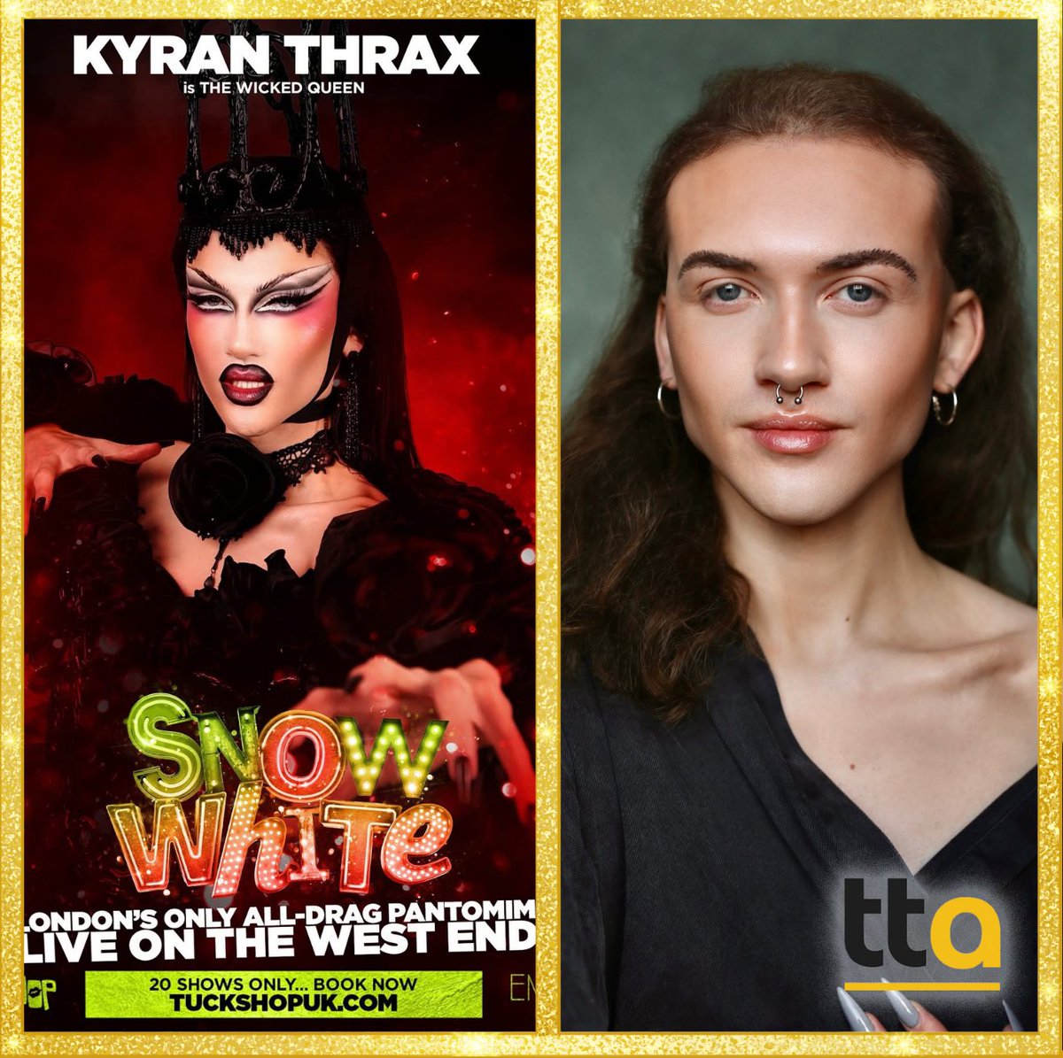 ttaadults's tweet image. Kyran Thrax takes top billing this Christmas in the all drag Pantomime: “Snow White” at the Emerald Theatre in London. Starring alongside Drag Race queen Kitty Scott-Claus. @kyranthrax 
#tta #ttaadults #kyranthrax #dragrace #dragraceuk #westend #pantomime