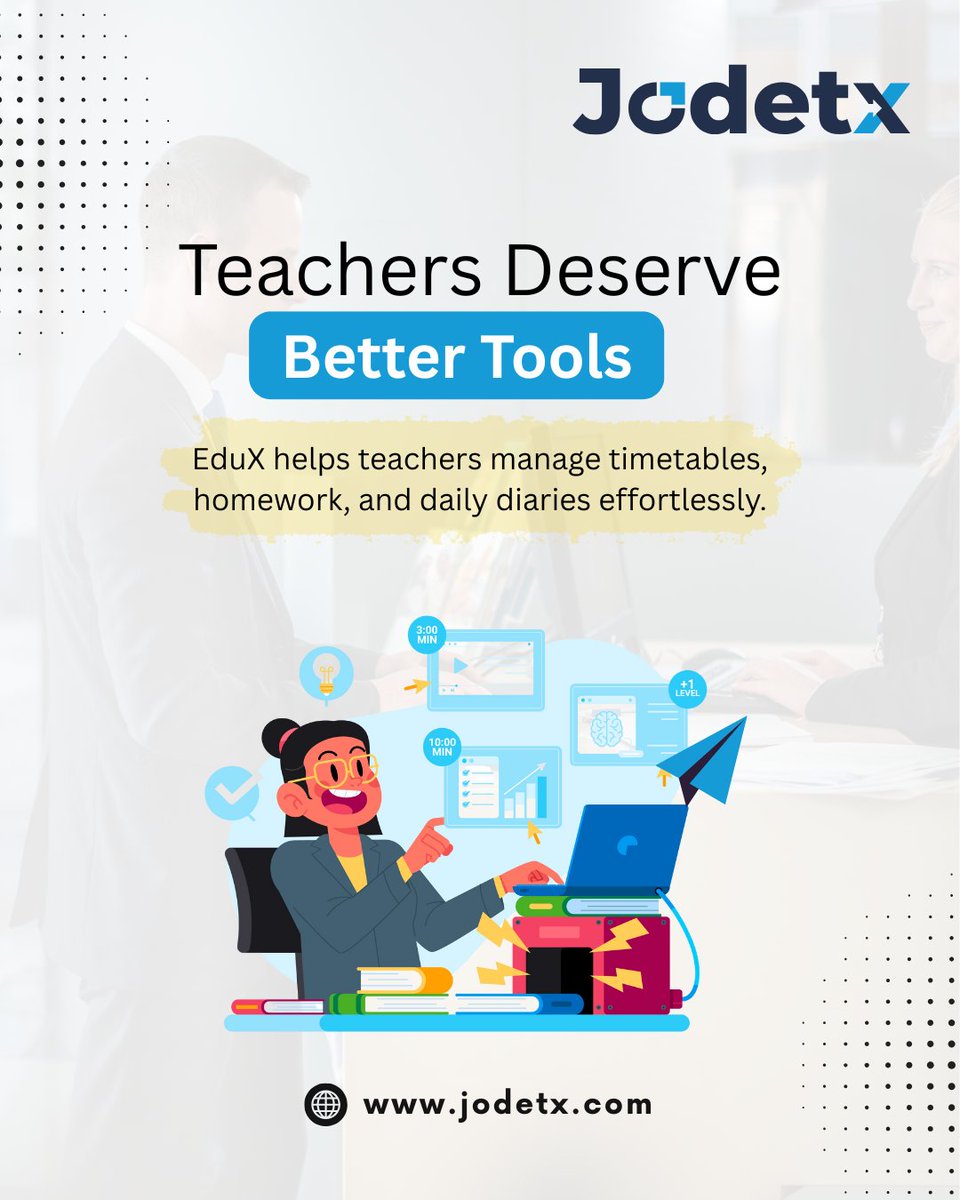 Jodetx_tech's tweet image. Teachers shape the future — and they deserve tools that make their day easier.
With EduX, managing timetables, homework, and daily diaries becomes effortless.
Smart, simple, and built for better teaching.
.
.
.
#EduX #TeacherTools #SmartTeaching #EdTechSolution #JodeTx
