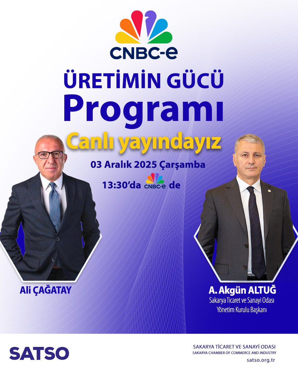📺Canlı Yayında Buluşuyoruz.

Birazdan, saat 13:30’da CNBC-e canlı yayınında Gazeteci Sayın Ali Çağatay’ın moderatörlüğündeki “Üretimin Gücü” programına konuk olup Sakarya’mızın üretimi üzerine konuşacak, Odamızın projelerini tanıtacağım.

Müsait olanları beklerim.
<a href="/akgunaltug1/">Akgün Altuğ</a>