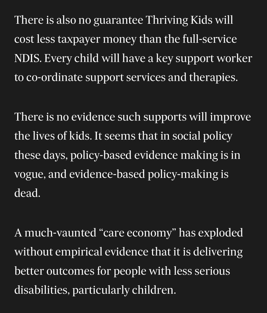 nick_coatsworth's tweet photo. John Kehoe writes incisively and passionately about the flaws in the NDIS. He argues it is having sizeable negative macroeconomic effects on Australia, including a strong association with reduced productivity.

Is the NDIS in its current form is effective or sustainable?  Kehoe advances reform based on evidence and outcomes not outputs. 

An effective care economy is a productive investment when it frees up carers to participate in the workforce. 

None of need be read as callous or ignorant the needs of families on the NDIS. 

On the contrary, all Australian families are best served by an NDIS that is successful, evidence based and supported by the taxpayers that fund it.