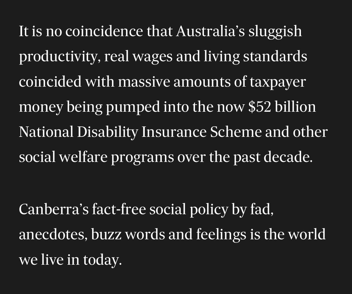 nick_coatsworth's tweet photo. John Kehoe writes incisively and passionately about the flaws in the NDIS. He argues it is having sizeable negative macroeconomic effects on Australia, including a strong association with reduced productivity.

Is the NDIS in its current form is effective or sustainable?  Kehoe advances reform based on evidence and outcomes not outputs. 

An effective care economy is a productive investment when it frees up carers to participate in the workforce. 

None of need be read as callous or ignorant the needs of families on the NDIS. 

On the contrary, all Australian families are best served by an NDIS that is successful, evidence based and supported by the taxpayers that fund it.