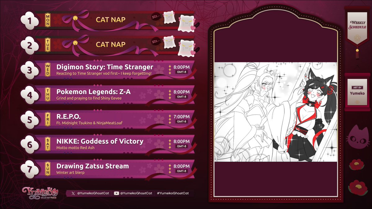 Mew Schedule for Dec 1 - 7! Nya!
Start of December!❄

👻🖤General: #YumekoGhostCat
👻🖤Art:  #Draw4Yumeko
👻🖤NSFW:  #GhostkittyNoods
👻🖤Live: #YumekoMeowLive
👻🖤Fans: #Specpurrs
👻🖤Meme/Clips: #YumeCantBeThisCute

#Vtuber #ENVtuber #VtuberEN
