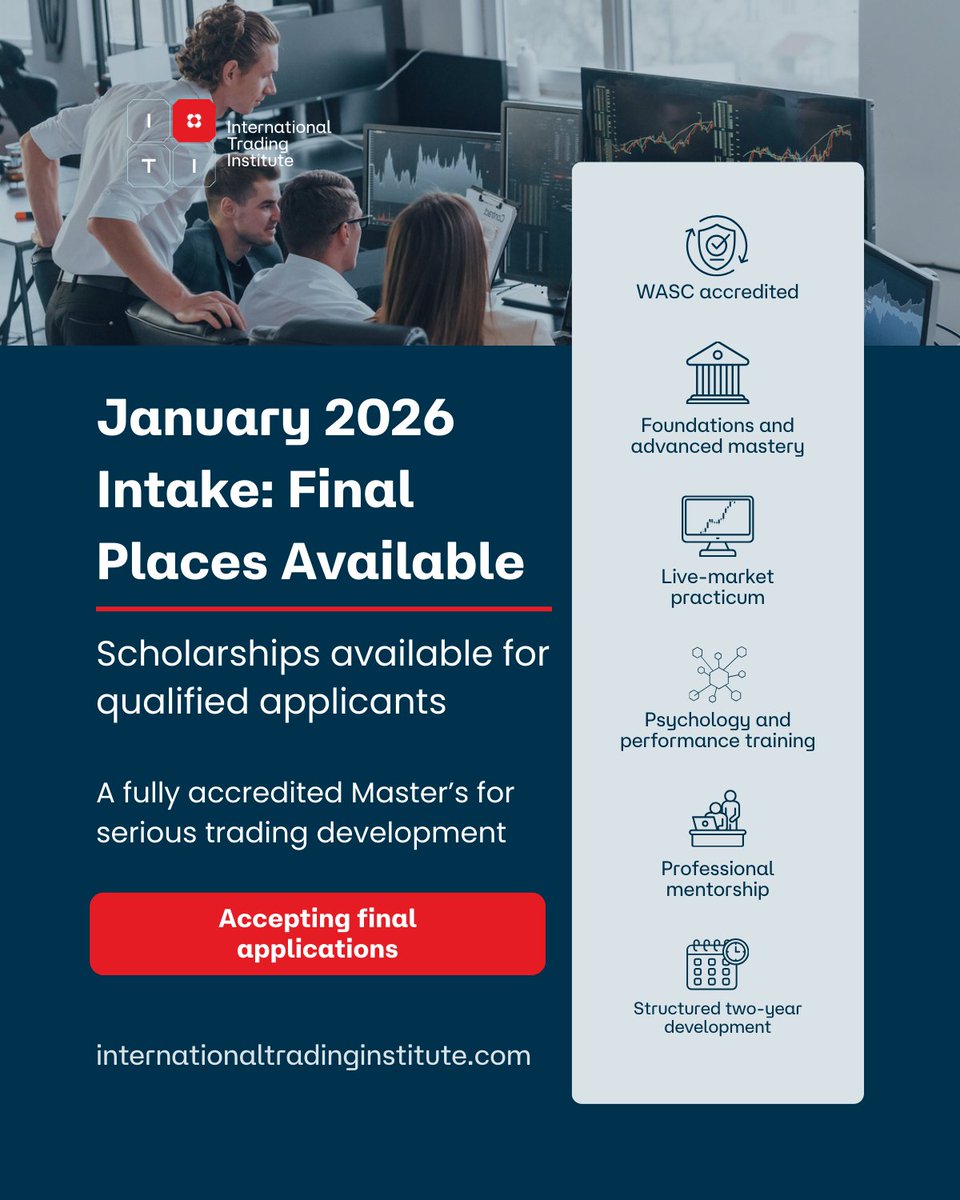 As 2025 ends, one decision matters: the environment you choose to develop in 👇

The January 2026 intake of the Master’s in Trading still has limited seats available. 🎓
A small number of scholarships remain for strong candidates. 

If you’re aiming for an academically rigorous
