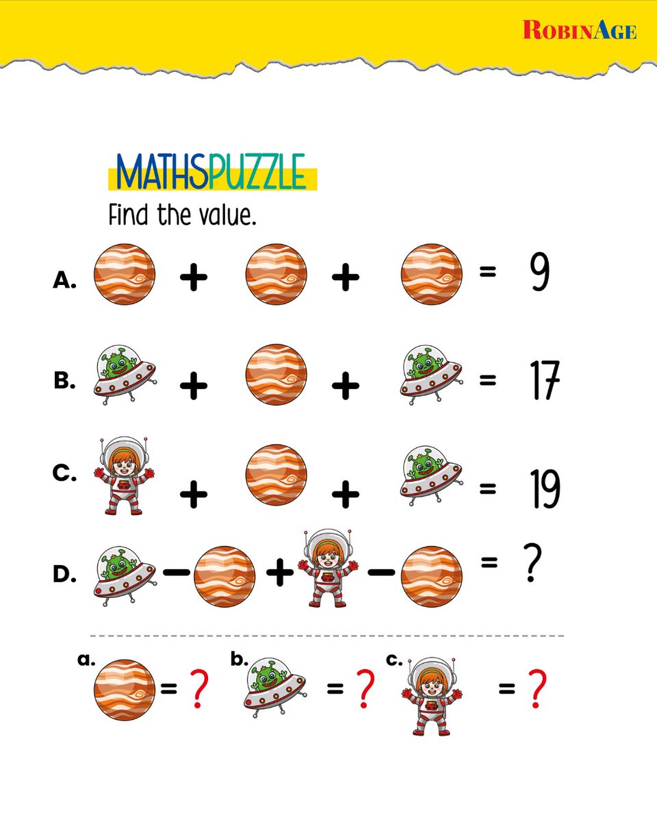 FollowRobinAge's tweet image. ✏️ #MathMagic Challenge! 🧩 Comment with your answer below! ⬇️

🗞️ Discover more fun puzzles, brain teasers and learning adventures in every issue of RobinAge–where learning meets fun! 💡✨