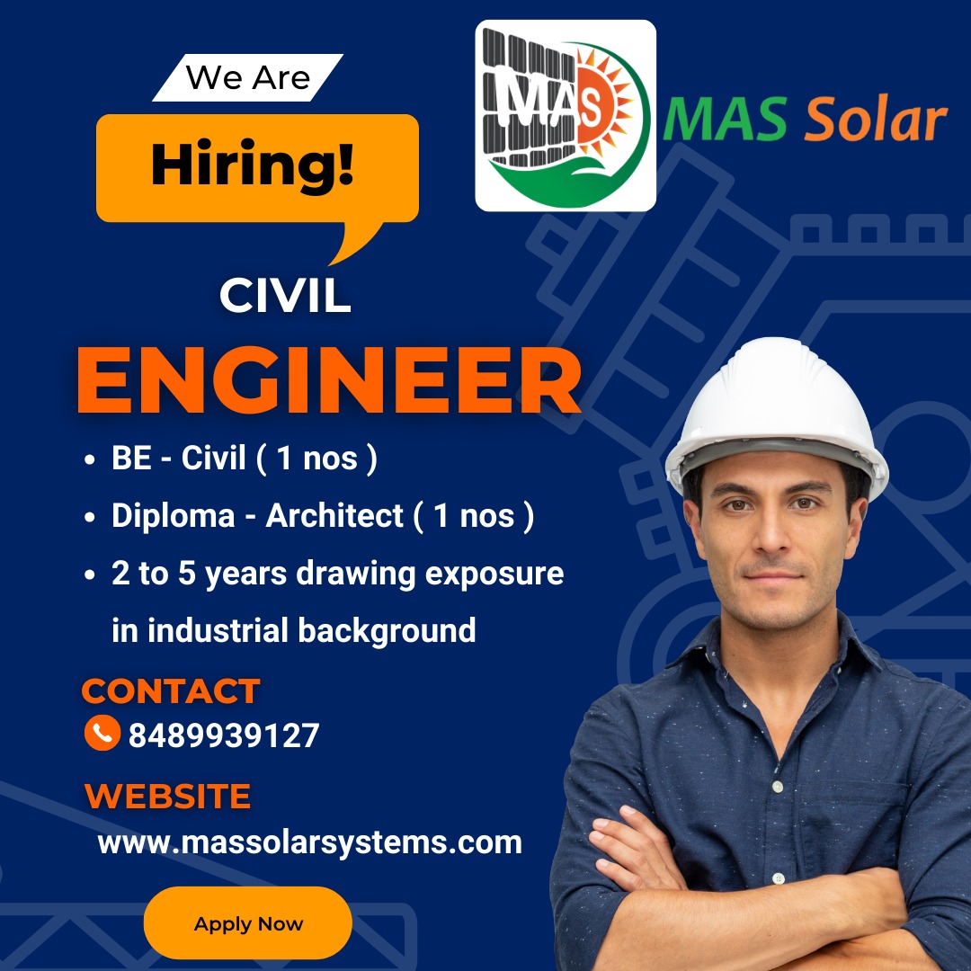 Massolarsystem's tweet photo. MAS Solar is HIRING! We need a Civil Engineer (BE) &amp; a Diploma Architect with 2-5 years of industrial drawing exposure. Join our solar team! ☀️

Details in the image. 👇

📞 8489939127

🌐 https://t.co/alR9EX5HtQ

#Hiring #CivilEngineer #Architect #MASsolar #JobAlert https://t.co/rd5WSVu26x