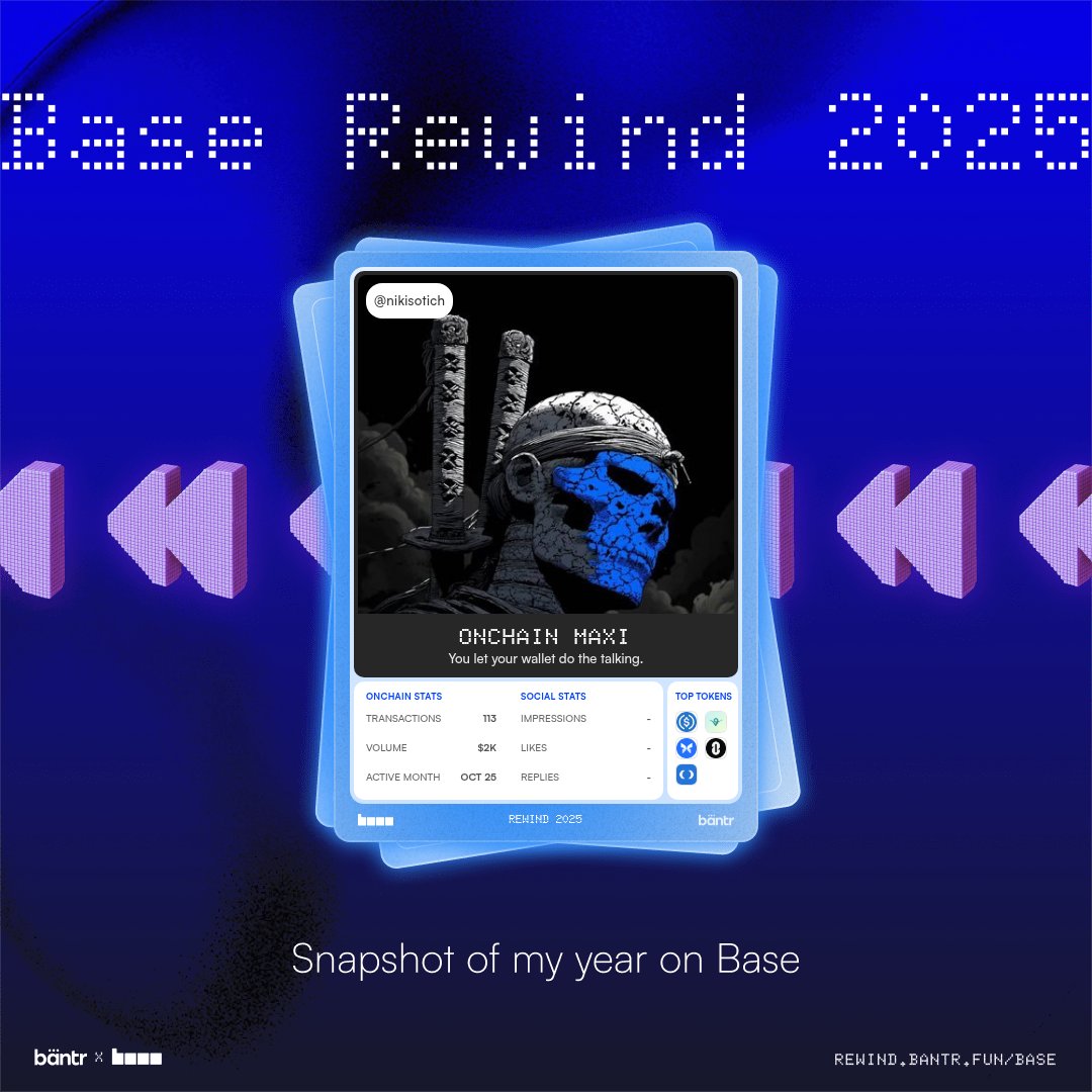 Just checked my Base Rewind 2025 by <a href="/bantr_fun/">Bantr</a>!
It’s a full recap of my year on <a href="/Base/">Base</a>.

If you want to see your own onchain + social stats from 2025, go to: rewind.bantr.fun/base