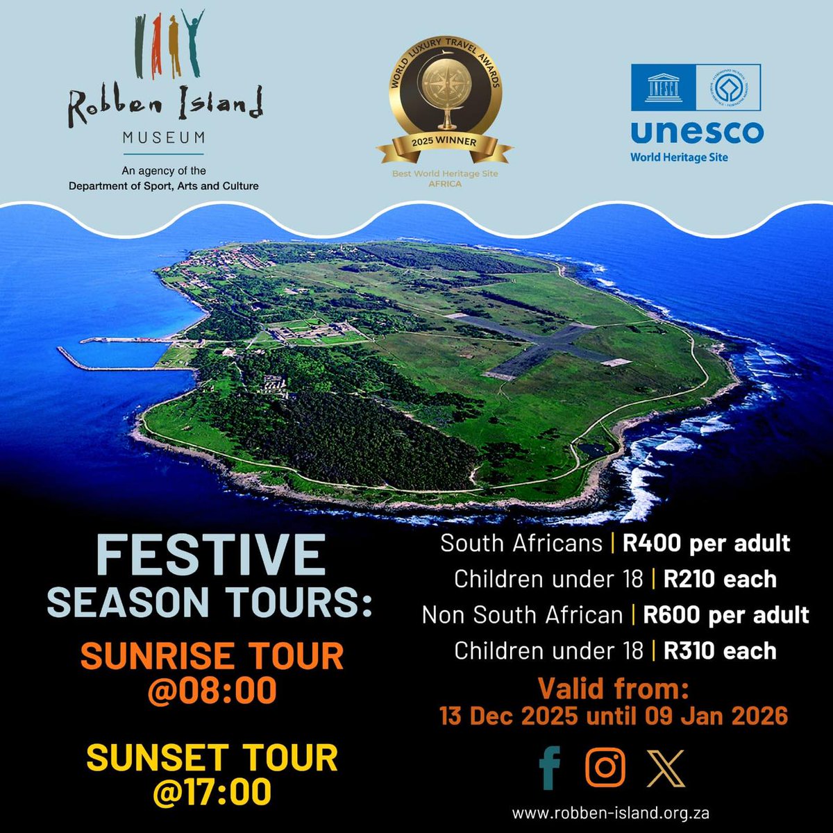 Make <a href="/robben_island/">Robben Island Museum</a>'s new tour sunrise and sunset tour slots part of your Cape Town experience this summer☀️

Sunrise tours start at 8am and sunset tours at 5pm and will be available from 13 December 2025 to 09 January 2026.

Find out more at tinyurl.com/26mp3tcy
