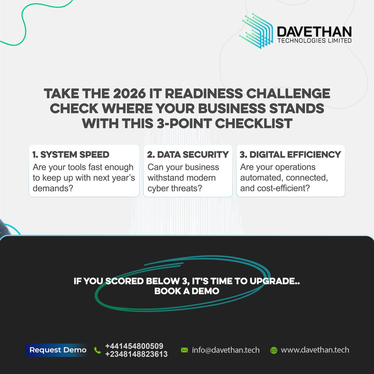 Davethan_Tech's tweet image. 2026 is near is your business IT-ready?
Rate Speed, Security, and Efficiency.
Below 3? Upgrade now with Davethan.

#DavethanDigital #PoweredByDavethan #WorkflowOptimization #SaaSManagement #BusinessEfficiencyTools