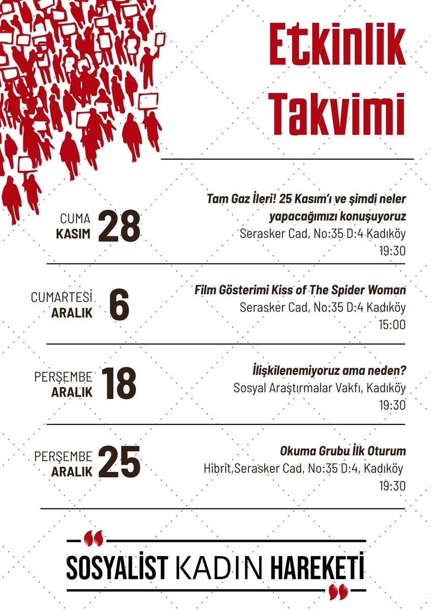 🔴 SKH Etkinlik Takvimi

25 Kasım’ı ve neler yapacağımızı konuştuk; tam gaz ileri diyoruz! 

Seni düşünmeye, tartışmaya, üretmeye, dayanışmayı büyütmeye çağırıyoruz✊

Aramıza katılmak için sen de formumuzu doldur 👇 docs.google.com/forms/d/e/1FAI…