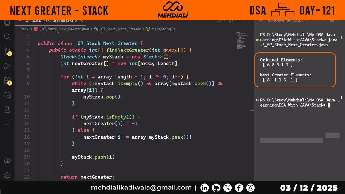 mehdiali_mk's tweet image. Next Greater - Stack  | DSA – DAY – 121
Github Link: github.com/mehdiali-mk/DS…

LinkedIn: linkedin.com/in/mehdiali-mk/

#365DaysofCode #365dayscoding #100daysofcodechallenge #100daysofcode #LearnDSA #DSAinJava #JavaProgramming #AlgorithmDesign #CodingPractice #codedaily