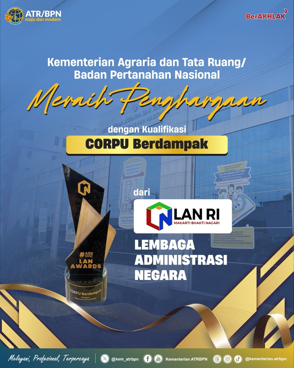 kem_atrbpn's tweet image. Halo #SobATRBPN, Kementerian ATR/BPN meraih penghargaan dengan kualifikasi CORPU Berdampak dari Lembaga Administrasi Negara Republik Indonesia.

Semoga dengan pencapaian ini Kementerian ATR/BPN terus berinovasi dan memberikan pelayanan terbaik bagi bangsa.

#ATRBPNKiniLebihBaik