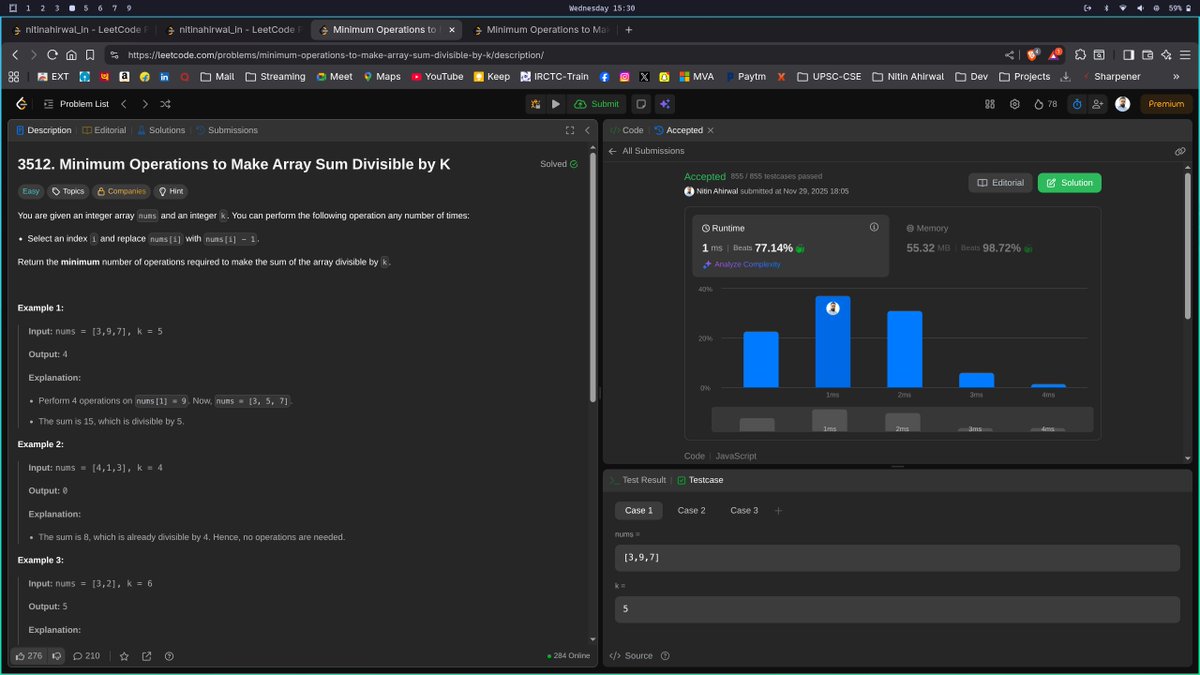 nitinahirwal_in's tweet image. Day 75 of my #LeetCodeChallenge 🔥

Today’s problem:
3512. Minimum Operations to Make Array Sum Divisible by K

🧠 Core Idea
We want the array sum to be divisible by k.
Compute: remainder = sum(nums) % k
If remainder == 0 → 0 operations needed.
Otherwise → exactly “remainder”…