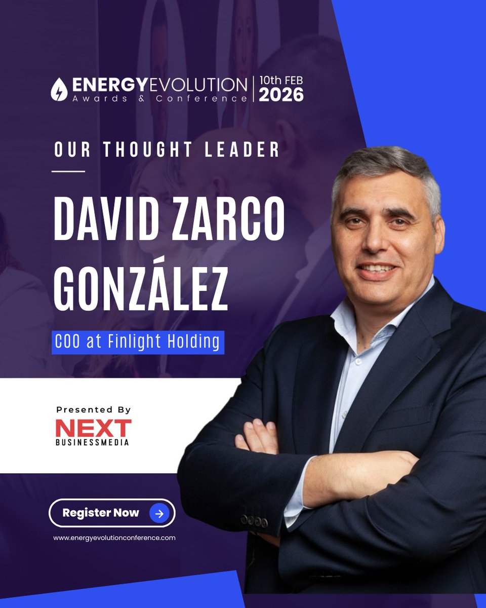 energyexpo_'s tweet image. Meet our Thought Leader David Zarco Gonzalez, COO at Finlight Holding at the Energy Evolution Awards &amp;amp; Conference 2026 in Dubai.

🗓10th February 2026
📍 Dubai, UAE

🔗 Register now: energyevolutionconference.com

#energyevolutionconference #RenewableEnergy #SmartGrid #CleanTech