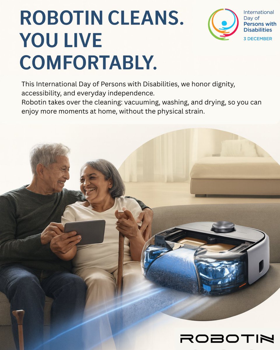 RobotinGlobal's tweet photo. Independence is in the details. This International Day of Persons with Disabilities, we’re proud to provide technology that removes barriers at home.

Robotin cleans so that you can live comfortably. 🦾💙

#IDPD2025 #TechForGood #Accessibility #Robotin https://t.co/W4WAlydE3w