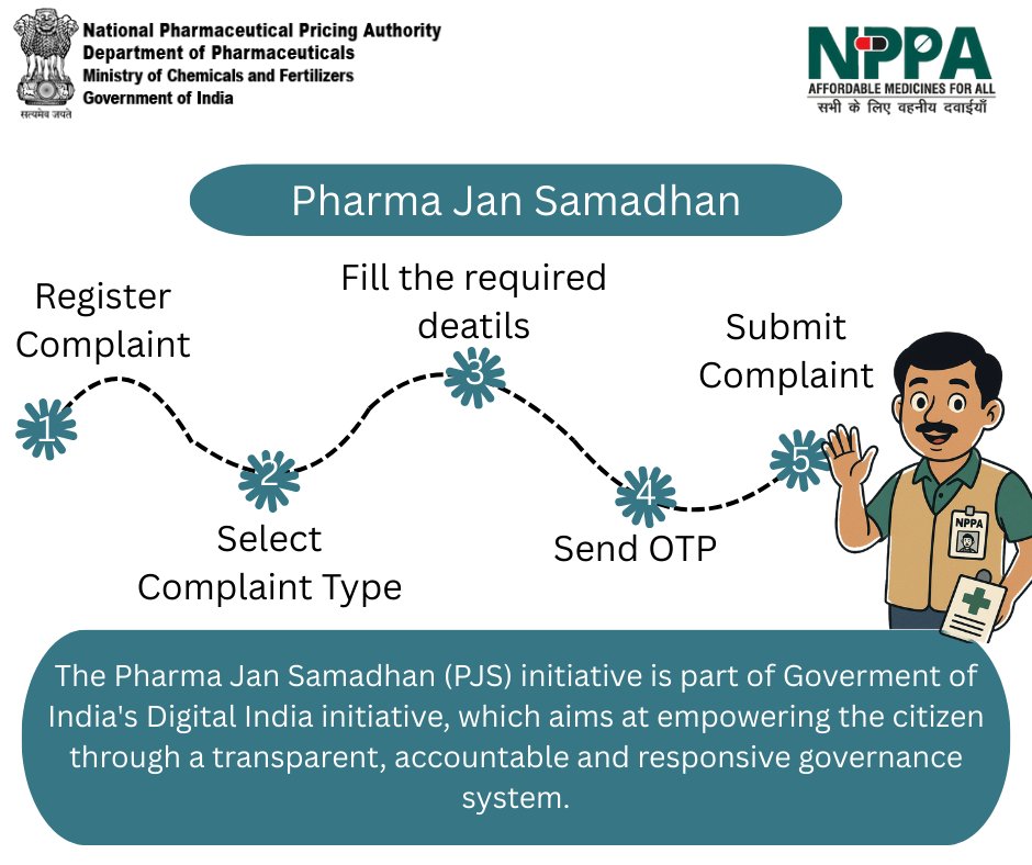 nppa_india's tweet image. The Pharma Jan Samadhan (PJS) initiative is an important part of the Government of India’s @_DigitalIndia mission, aimed at empowering citizens through a transparent, accountable, and responsive governance system. 💡🇮🇳

#DigitalIndia #NPPA #PJS #GoodGovernance