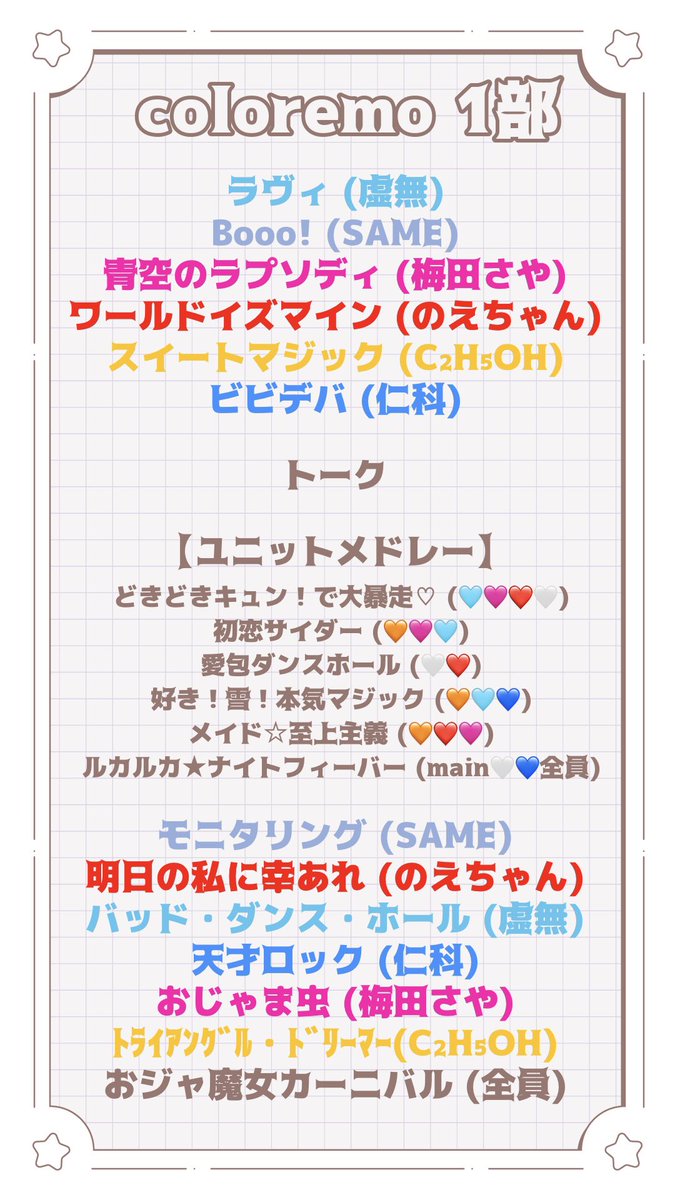 coloremo_o's tweet photo. ＿＿＿＿＿＿
　𝘤𝘰𝘭𝘰𝘳𝘦𝘮𝘰
￣￣￣￣￣￣

　　改めてご来場頂きありがとうございました!!
　　　　 こちらセトリになります🎧🤍
　　　　ライブの感想は #colorepo で
　　　ぜひ沢山ポストしてください💌🧸 https://t.co/3bSRRJLETn