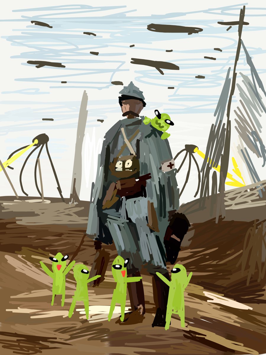 French medic saves several little green aliens from getting eaten by the Martians during the War of the Worlds, is hailed as a hero by the little green goobers