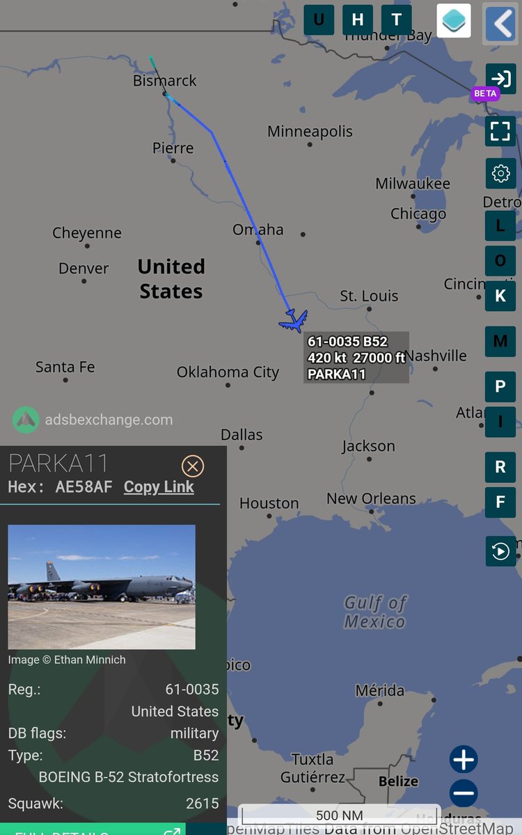 sipjack1776's tweet photo. B-52H Stratofortess 
#AE58AF/61-0035/PARKA11
Tracking SSE out of Minot AFB.
@Borrowed7Time @Arr3ch0 @LatAmMilMVMTs @SA_Defensa @FlconEYES @r4streando @JasonZicker @MRAIDANya @Saint1Mil https://t.co/LxzwsoJxgo