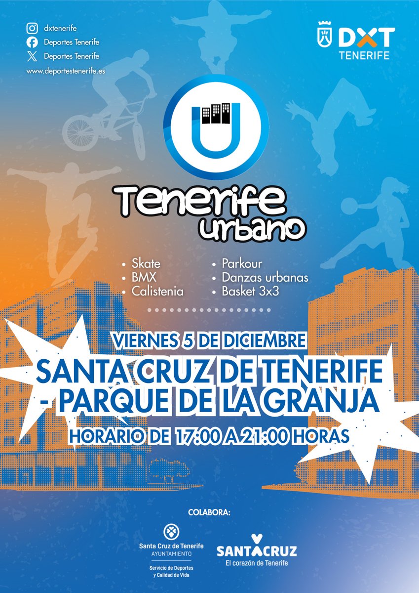 DXTenerife's tweet photo. #TenerifeUrbano celebra dos nuevos encuentros este fin de semana
📆 Viernes 5
⏰ De 17:00 a 21:00h
📍 Parque La Granja #SCTF
📆 Sábado 6
⏰ De 10:00 a 14:00h
📍 Skatepark #LaOrotava
✅ Entrada libre
📲 Más información: https://t.co/zXRJUEbqYY
#ActivaTuVida #PersonasActivas https://t.co/MtLp2AXOMX