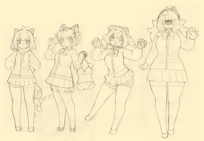 マミちゃんとクラスメイト達の立ち絵ラフ