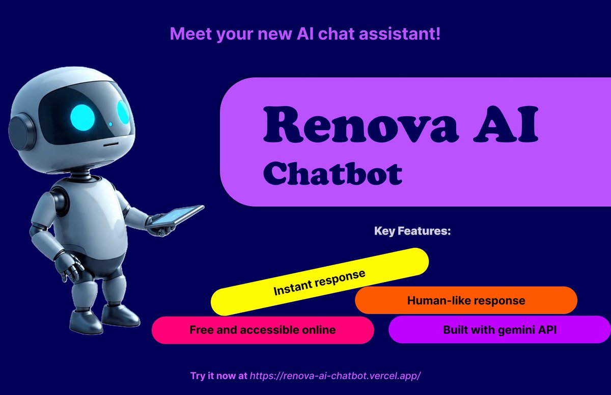 Renova_codes's tweet photo. 🚀Just launched my AI chatbot update! Chat with Renova AI like you're talking to a friend - it's fast, smart and free. Built with React, Node.js and Gemini API

try it out: https://t.co/TR2YIPvhr6

#chatbot #WebDevelopment #REACT #Tech #openToWork #freelancecoding #mernstack https://t.co/SStSTCfKlz